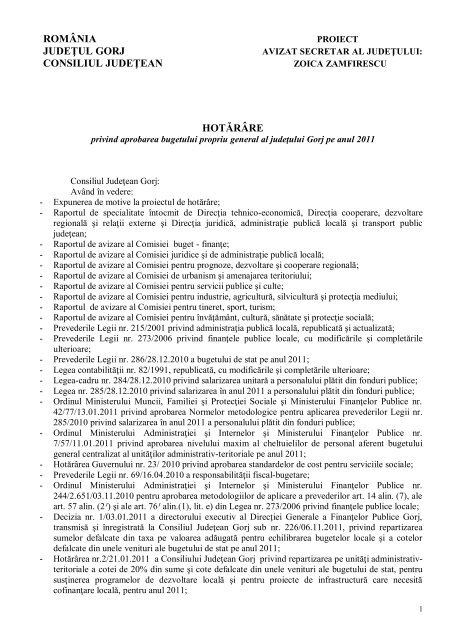 Proiect de hotÄrÃ¢re privind aprobarea bugetului propriu al judeÅ£ului ...