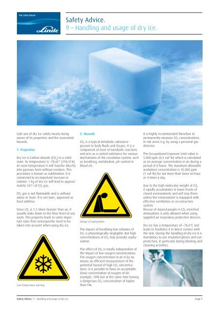 Safety Advice. 9 â Handling and usage of dry ice. - Linde Gas Benelux