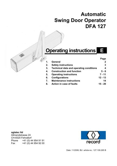 Automatic Swing Door Operator DFA 127 Operating instructions E