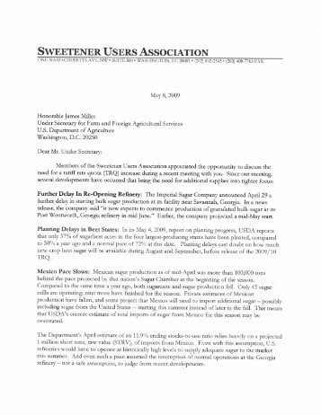 Letter to Under Secretary Miller on Sugar TRQ Increase - Sweetener ...