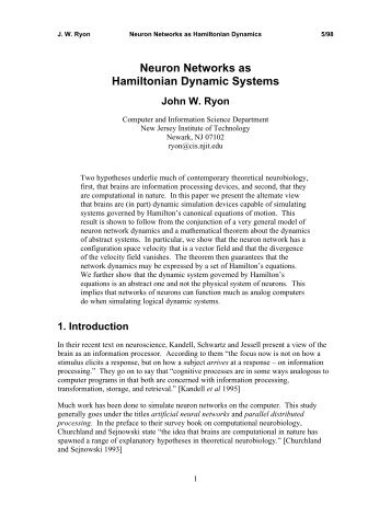 Neuron Networks as Hamiltonian Dynamic Systems - Department of ...