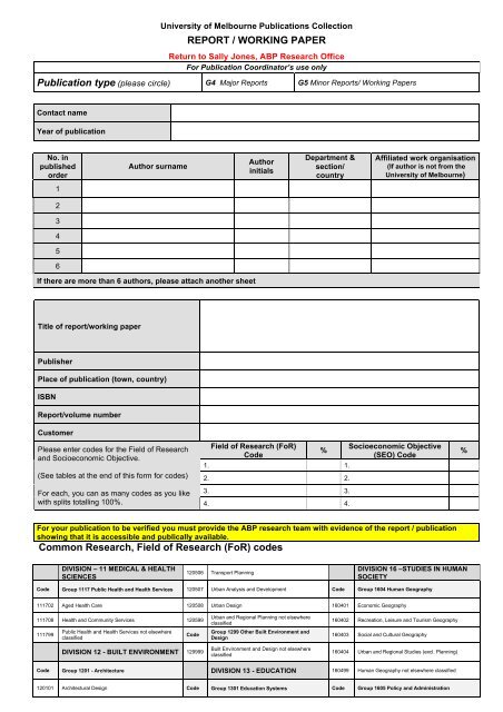 (FoR) codes - Faculty of Architecture, Building and Planning - The ...