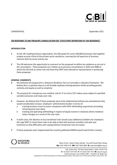 Proposals for a Statutory Residence Test (pdf) - CBI