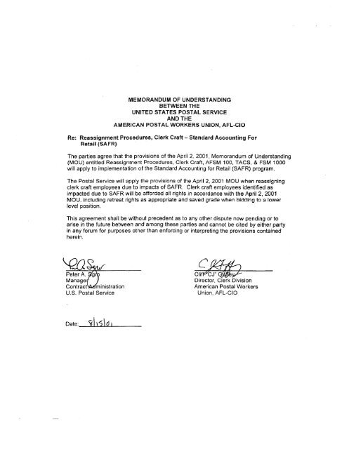 Memorandum of Understanding USPS/APWU, Clerk Craft Saved ...