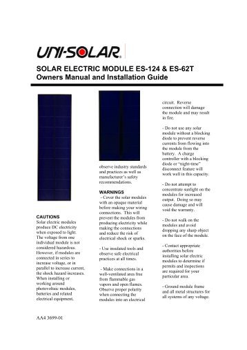 SOLAR ELECTRIC MODULE ES-124 & ES-62T Owners Manual and ...