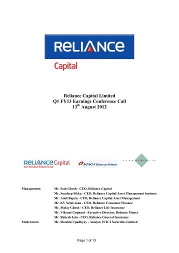 Download conference call transcript for 1Q FY 2013 - Reliance Capital