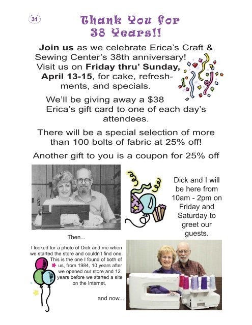 Erica's Craft & Sewing Center Online Newsletter April-June 2012
