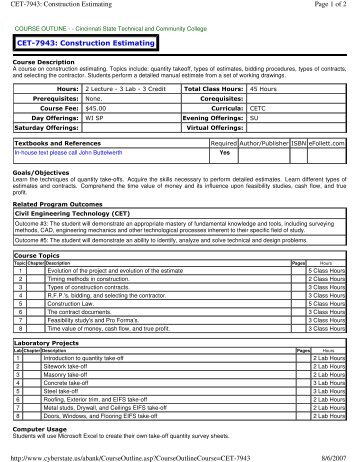 CET-7943: Construction Estimating Page 1 of 2 ... - Cincinnati State