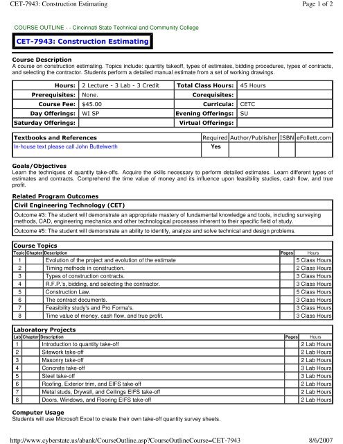 CET-7943: Construction Estimating Page 1 of 2 ... - Cincinnati State