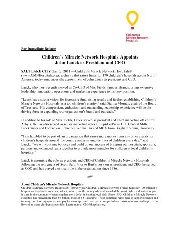 Children's Miracle Network Hospitals Appoints John Lauck as ...