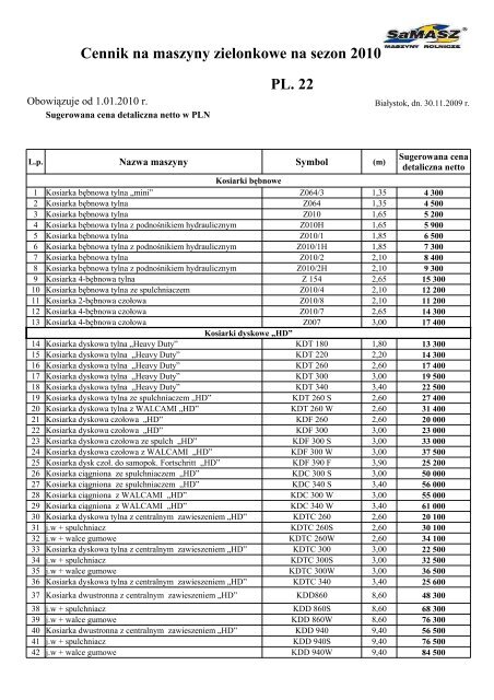 PL. 22 Cennik na maszyny zielonkowe na sezon 2010 - Samasz