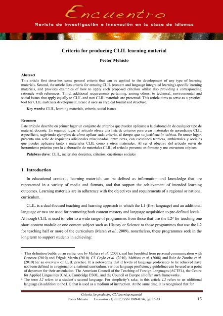 Criteria for producing CLIL learning material - Encuentro