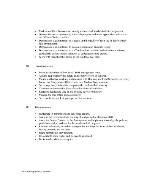 South Assistant Director job description - Student Affairs
