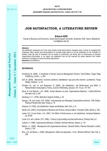 JOB SATISFACTION, A LITERATURE REVIEW - Management ...