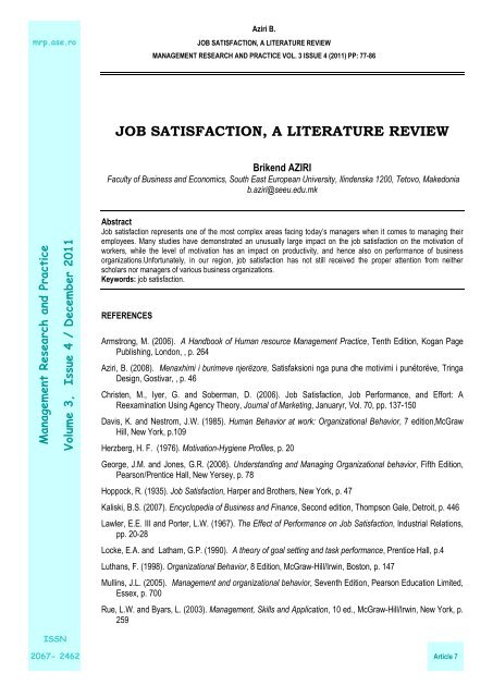 JOB SATISFACTION, A LITERATURE REVIEW - Management ...