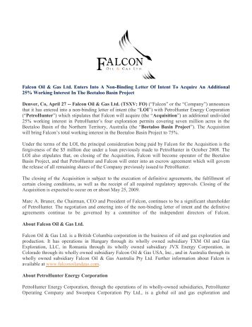 Falcon Oil & Gas Ltd. Enters Into A Non-Binding Letter Of Intent To ...