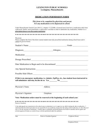 Medications Permission Form - Lexington Public Schools