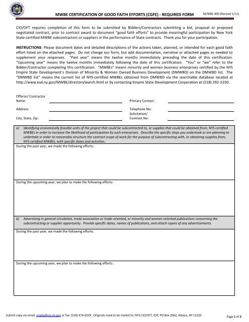 mwbe certification of good faith efforts (cgfe) - required form