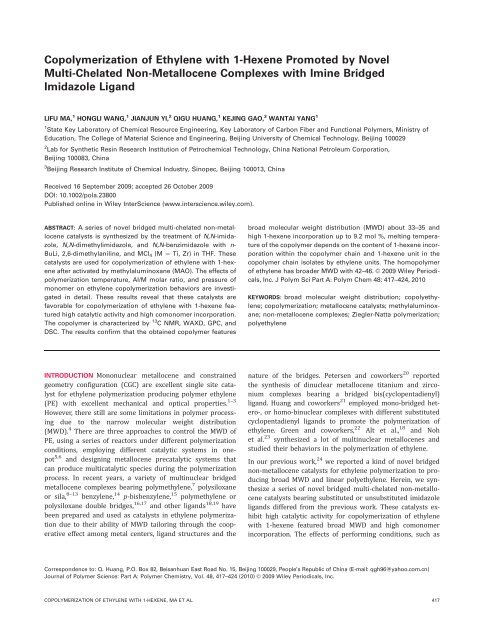 Copolymerization of ethylene with 1-hexene promoted by novel ...