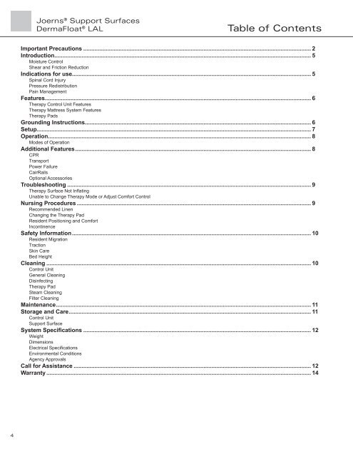 DermaFloat LAL User Manual - Joerns