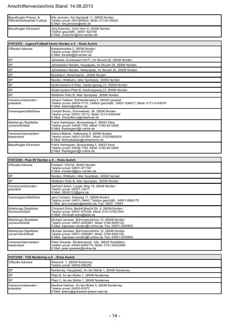 Adressliste Vereine NFV Kreis Aurich - SV Hage