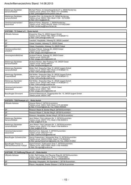 Adressliste Vereine NFV Kreis Aurich - SV Hage