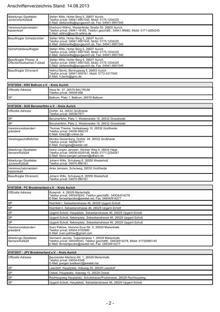 Adressliste Vereine NFV Kreis Aurich - SV Hage