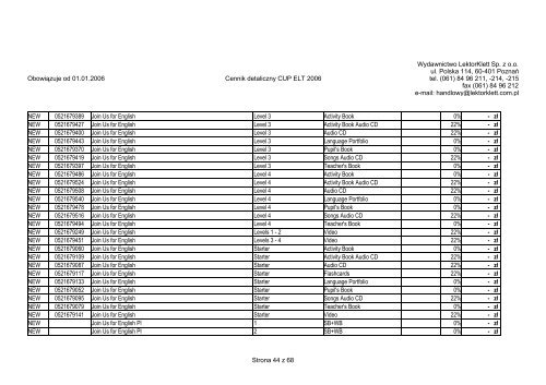 ObowiÄzuje od 01.01.2006 Cennik detaliczny CUP ELT ... - LektorKlett
