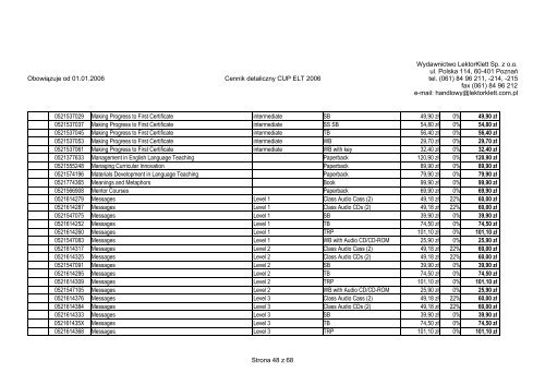 ObowiÄzuje od 01.01.2006 Cennik detaliczny CUP ELT ... - LektorKlett
