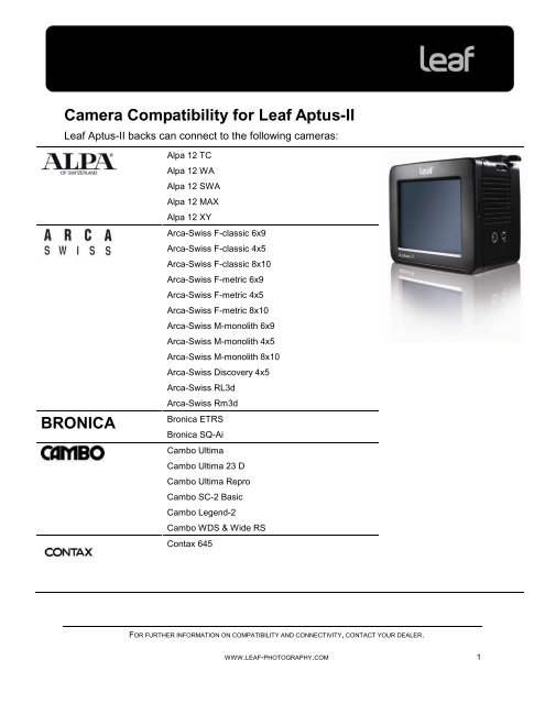 Camera Compatibility for Leaf Aptus-II - Specular