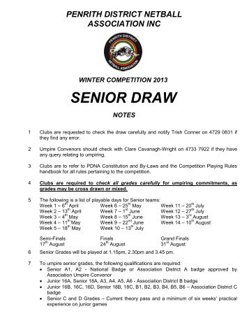 PDNA 2013 Senior Draw Booklet - Penrith District Netball Association