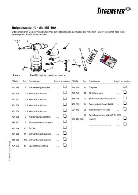 Nietwerkzeug MS 40A - Titgemeyer