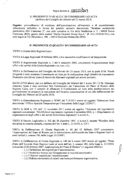 Decreto n. U00222 del 29/05/2013 - Regione Lazio