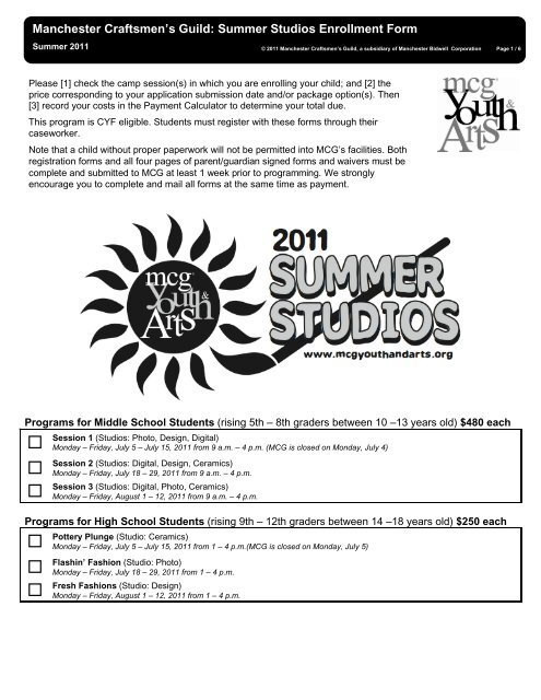 Manchester Craftsmen's Guild: Summer Studios Enrollment Form