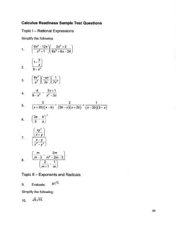 Precalculus Proficiency Assessment Sample Test Questions