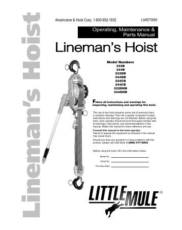 Lineman's Hoist - Coffing Hoists, Coffing Hoist Parts