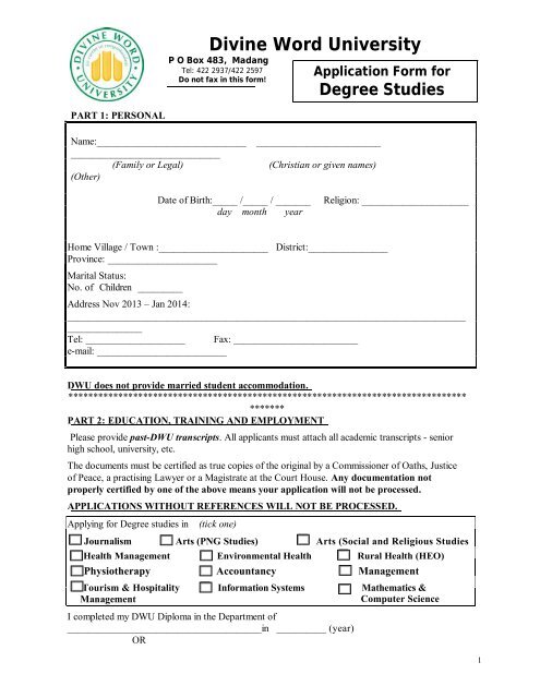2014 degree application form - Divine Word University