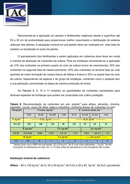 Calagem e adubaÃ§Ã£o para hortaliÃ§as sob cultivo protegido - IAC