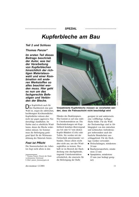 Kupferbleche am Bau