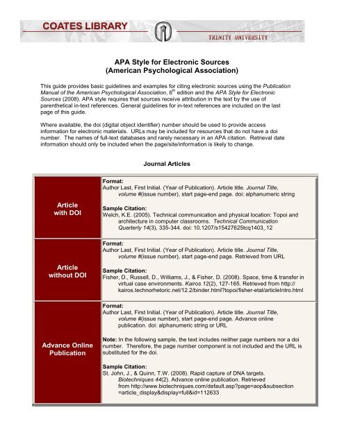 APA Style for Electronic Sources - Library - Trinity University