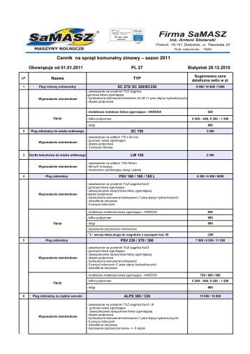 Cennik na sprzęt komunalny zimowy – sezon 2011