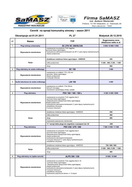 Cennik na sprzęt komunalny zimowy – sezon 2011