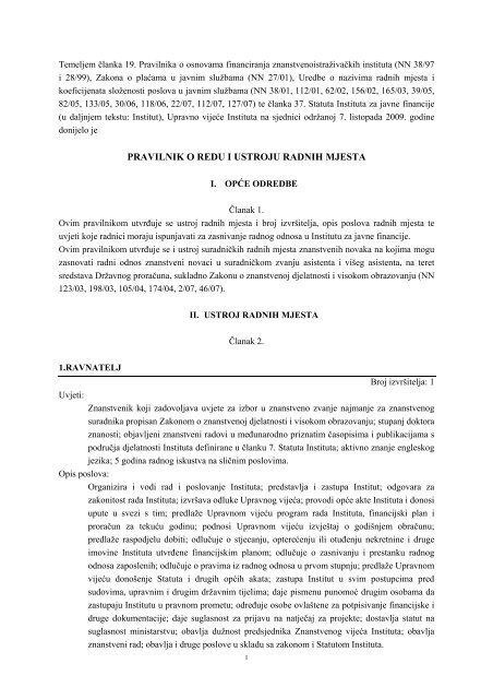 pravilnik o redu i ustroju radnih mjesta - Institut za Javne Financije