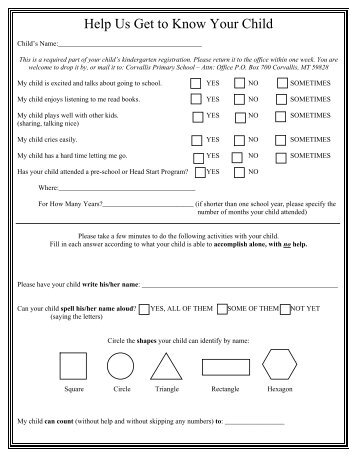 Kindergarten Assessment Form - Corvallis School District #1