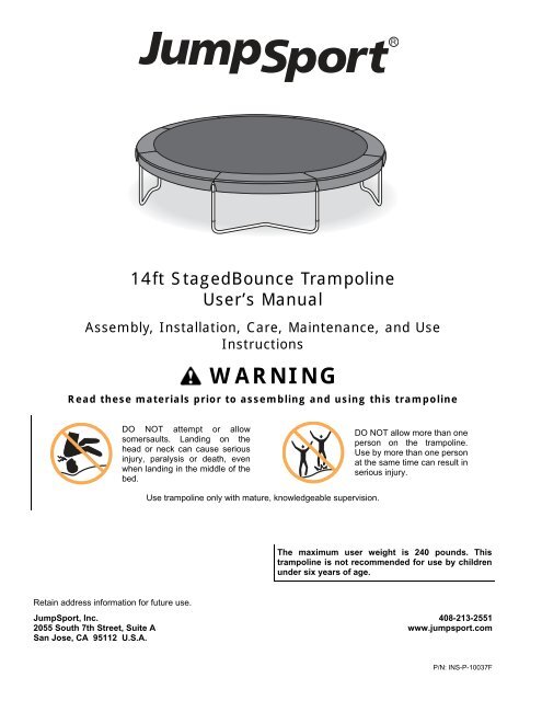 Assembly, Installation, Care, Maintenance, and Use - JumpSport