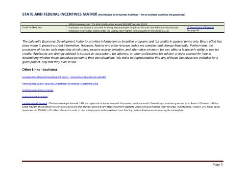 Incentives Matrix - Lafayette Economic Development Authority