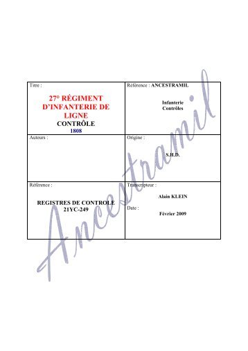 27° régiment d'infanterie de ligne contrôle des troupes - Ancestramil