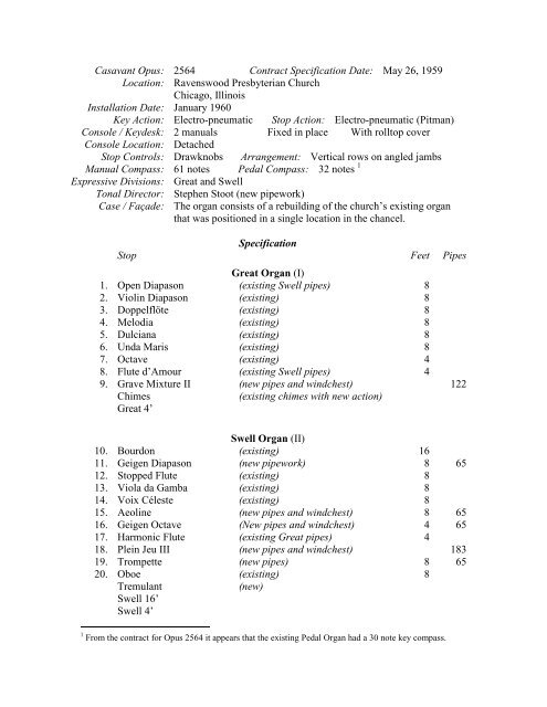 Stoplist and notes from Stanley R. Scheer OHS Pipe Organ Database