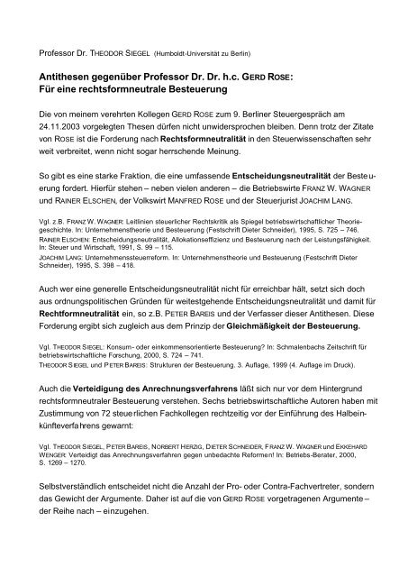 Statement Prof. Dr. Theodor Siegel - Berliner SteuergesprÃ¤che eV