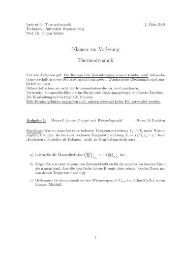 Klausur zur Vorlesung Thermodynamik - am Institut fÃ¼r ...